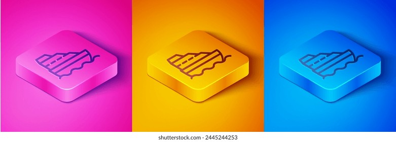 Isometric line Cruise ship in ocean icon isolated on pink and orange, blue background. Cruising the world. Square button. Vector