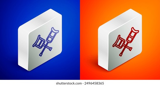 Isometrische Linie Krücke oder Krücken Symbol einzeln auf blauem und orangefarbenem Hintergrund. Ausrüstung für die Rehabilitation von Menschen mit Erkrankungen des Bewegungsapparates. Silberner quadratischer Knopf. Vektorgrafik