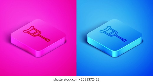 Isometric line Crutch or crutches icon isolated on pink and blue background. Equipment for rehabilitation of people with diseases of musculoskeletal system. Square button. Vector