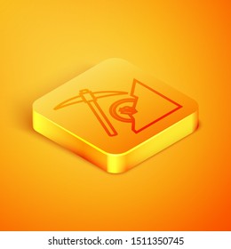 Isometric line Cryptocurrency cloud mining icon isolated on orange background. Cloud with pickaxe, bitcoin, digital money market, cryptocoin wallet. Orange square button. Vector Illustration