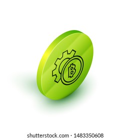 Isometric line Cryptocurrency coin Bitcoin icon isolated on white background. Gear and Bitcoin setting. Blockchain based secure crypto currency. Green circle button. Vector Illustration