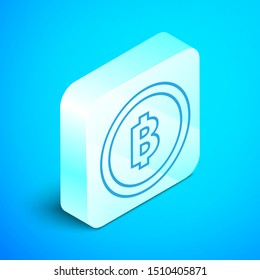 Isometric line Cryptocurrency coin Bitcoin icon isolated on blue background. Physical bit coin. Blockchain based secure crypto currency. Silver square button. Vector Illustration