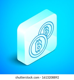 Isometric line Cryptocurrency coin Bitcoin icon isolated on blue background. Physical bit coin. Blockchain based secure crypto currency. Silver square button. Vector Illustration