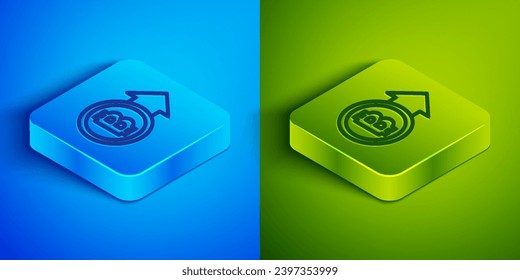 Isometric line Cryptocurrency coin Bitcoin icon isolated on blue and green background. Physical bit coin. Blockchain based secure crypto currency. Square button. Vector