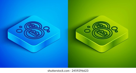 Isometric line Cryptocurrency coin Bitcoin icon isolated on blue and green background. Physical bit coin. Blockchain based secure crypto currency. Square button. Vector