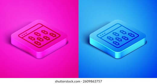 Isometric line Cryptocurrency coin Bitcoin icon isolated on pink and blue background. Physical bit coin. Blockchain based secure crypto currency. Square button. Vector