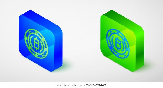 Isometric line Cryptocurrency coin Bitcoin icon isolated grey background. Physical bit coin. Blockchain based secure crypto currency. Blue and green square button. Vector
