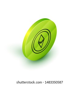 Isometric line Cryptocurrency coin Ethereum ETH icon isolated on white background. Altcoin symbol. Blockchain based secure crypto currency. Green circle button. Vector Illustration