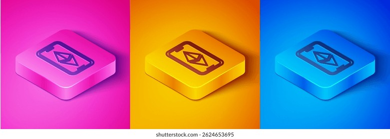 Isometric line Cryptocurrency coin Ethereum ETH icon isolated on pink and orange, blue background. Altcoin symbol. Blockchain based secure crypto currency. Square button. Vector