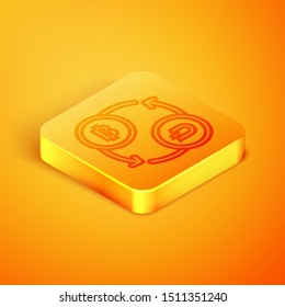 Isometric line Cryptocurrency exchange icon isolated on orange background. Bitcoin to Dash exchange icon. Cryptocurrency technology, mobile banking. Orange square button. Vector Illustration