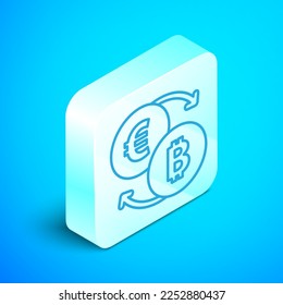 Isometrische Linie Kryptowährungssymbol einzeln auf blauem Hintergrund. Bitcoin zum Euro-Währungssymbol. Kryptowährungstechnologie, Mobile Banking. Silberquadrat-Taste. Vektorgrafik