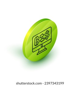 Isometric line Cryptocurrency exchange icon isolated on white background. Bitcoin to dollar exchange icon. Cryptocurrency technology, mobile banking. Green circle button. Vector