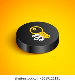 Isometric line Cryptocurrency key icon isolated on yellow background. Concept of cyber security or private key, digital key with technology interface. Black circle button. Vector