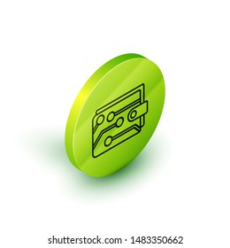 Isometric line Cryptocurrency wallet icon isolated on white background. Wallet and bitcoin sign. Mining concept. Money, payment, cash, pay icon. Green circle button. Vector Illustration