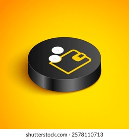 Isometric line Cryptocurrency wallet icon isolated on yellow background. Wallet and bitcoin sign. Mining concept. Money, payment, cash, pay icon. Black circle button. Vector