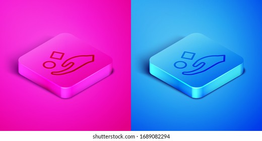 Línea isométrica Cubo levitando sobre icono de la mano aislado en fondo rosa y azul. Símbolo de levitación. Botón cuadrado. Ilustración vectorial