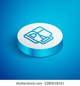 Isometric line Cup of tea with tea bag icon isolated on blue background. White circle button. Vector