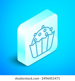 Isometric line Cupcake icon isolated on blue background. Silver square button. Vector