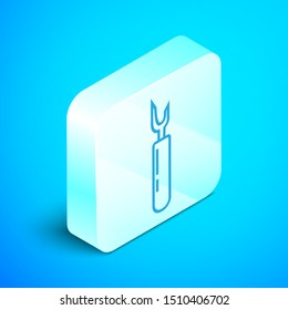 Isometric line Cutter tool icon isolated on blue background. Sewing knife with blade. Silver square button. Vector Illustration