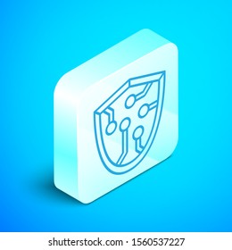 Isometric line Cyber security icon isolated on blue background. Shield sign. Safety concept. Digital data protection. Silver square button. Vector Illustration