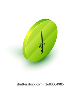 Isometric line Dagger icon isolated on white background. Knife icon. Sword with sharp blade. Green circle button. Vector Illustration
