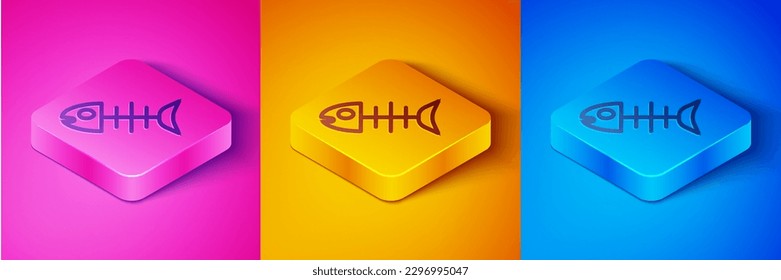 Isometric line Dead fish icon isolated on pink and orange, blue background. Square button. Vector