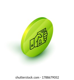 Isometric line Death certificate in hand icon isolated on white background. Green circle button. Vector