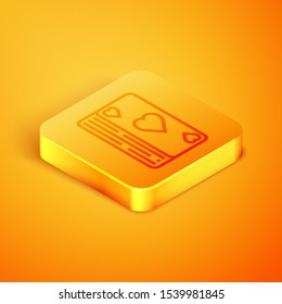 Isometric line Deck of playing cards icon isolated on orange background. Casino gambling. Orange square button. Vector Illustration
