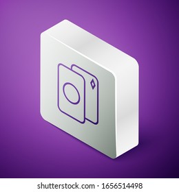 Isometric line Deck of playing cards icon isolated on purple background. Casino gambling. Silver square button. Vector Illustration