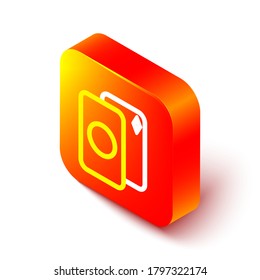 Isometric line Deck of playing cards icon isolated on white background. Casino gambling. Orange square button. Vector Illustration