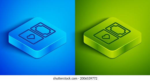 Línea isométrica Deck del icono de cartas de juego aislado en fondo azul y verde. Juego de casino. Botón cuadrado. Vector