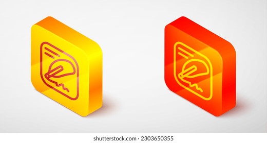 Línea isométrica Icono de declaración de independencia aislado en fondo gris. Botón cuadrado amarillo y naranja. Vector