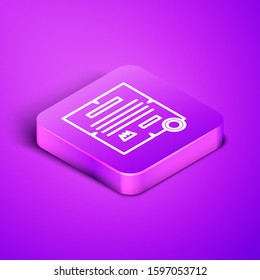 Isometric line Decree, paper, parchment, scroll icon icon isolated on purple background. Purple square button. Vector Illustration