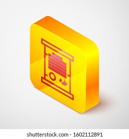Isometric line Decree, paper, parchment, scroll icon icon isolated on grey background. Yellow square button. Vector Illustration