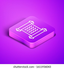 Isometric line Decree, paper, parchment, scroll icon icon isolated on purple background. Purple square button. Vector Illustration