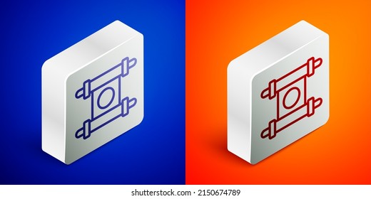 Isometric line Decree, paper, parchment, scroll icon icon isolated on blue and orange background. Chinese scroll. Silver square button. Vector