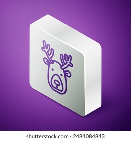 Isometric line Deer head with antlers icon isolated on purple background. Silver square button. Vector