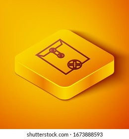 Línea isométrica Icono de borrar sobre aislado en fondo anaranjado. Eliminar o letra de error. Cruzar el mensaje. Correo rechazado. Botón cuadrado amarillo.  Ilustración vectorial