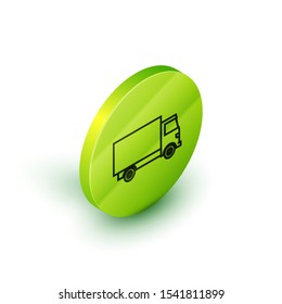 Isometric line Delivery cargo truck vehicle icon isolated on white background. Green circle button. Vector Illustration