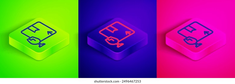 Isometrische Linie Lieferung Paket Box mit zerbrechlichen Inhalt Symbol aus gebrochenem Glas Symbol einzeln auf grünem, blauem und rosafarbenem Hintergrund. Box, Paket, Paketzeichen. Quadratischer Knopf. Vektorgrafik