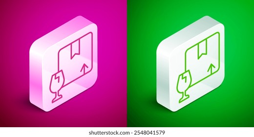 Isometrische Linie Lieferung Paket Box mit zerbrechlichen Inhalt Symbol aus gebrochenem Glas Symbol einzeln auf rosafarbenem und grünem Hintergrund. Box, Paket, Paketzeichen. Silberner quadratischer Knopf. Vektorgrafik