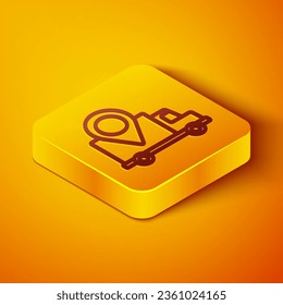Isometrisches Nachweissymbol für die Lieferung einzeln auf orangefarbenem Hintergrund. Paketverfolgung. Gelber Quadrat-Knopf. Vektorgrafik