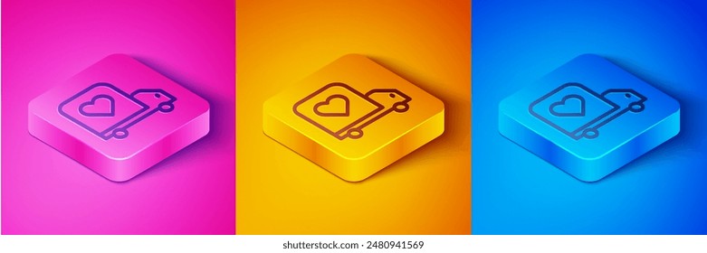 Isometric line Delivery truck with heart icon isolated on pink and orange, blue background. Love delivery truck. Love truck valentines day. Square button. Vector