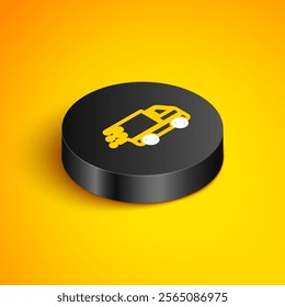 Isometric line Delivery truck in movement icon isolated on yellow background. Fast shipping delivery truck. Black circle button. Vector