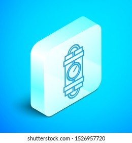 Isometric line Detonate dynamite bomb stick and timer clock icon isolated on blue background. Time bomb - explosion danger concept. Silver square button. Vector Illustration