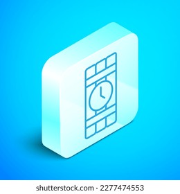 Isometric line Detonate dynamite bomb stick and timer clock icon isolated on blue background. Time bomb - explosion danger concept. Silver square button. Vector