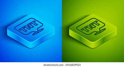 Línea isométrica Icono del bastón de bomba dinamita desprendido sobre fondo azul y verde. Bomba de tiempo - concepto de peligro de explosión. Botón cuadrado. Vector