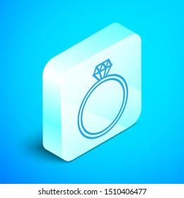 Isometric line Diamond engagement ring icon isolated on blue background. Silver square button. Vector Illustration