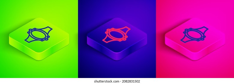 Línea isométrica Icono del anillo de compromiso de diamantes aislado en fondo verde, azul y rosa. Botón cuadrado. Vector