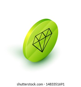 Isometric line Diamond icon isolated on white background. Jewelry symbol. Gem stone. Green circle button. Vector Illustration